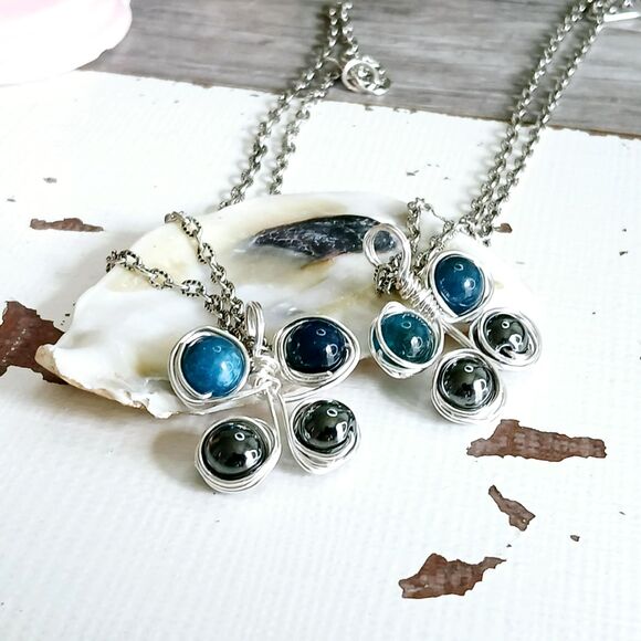 Blue Apatite & Hematite Crystal Butterfly Pendant Necklace, Gemstone Jewelry 16" - Picture 2 of 3